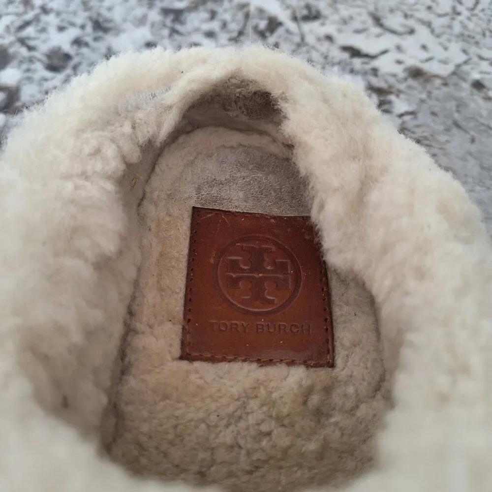 Tory Burch genuine Leather Suede sheepskin fur slippers size 7